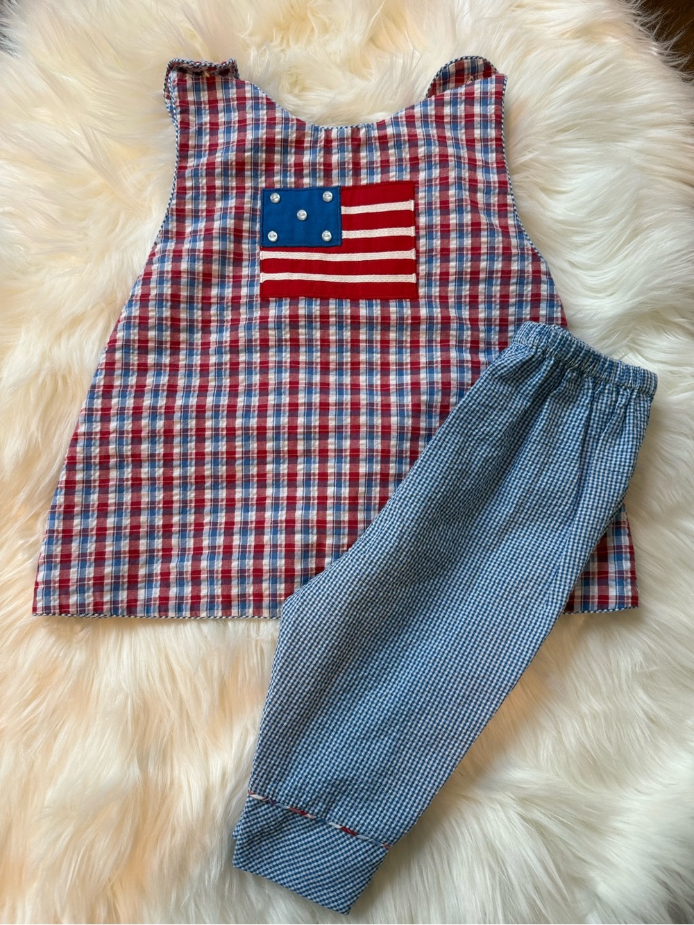 Petit Pomme Red & Blue Plaid Toddler Set with Flag Size 2T